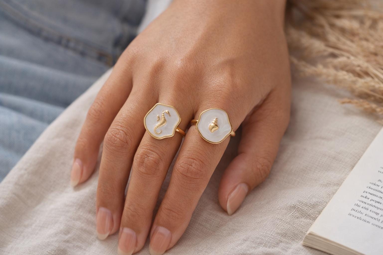 4pcs Gold/ Silver Tone Enamel Ocean Ring, Dainty Rings, Adjustable Ring, Open Band Statement Ring (#JZ-032)