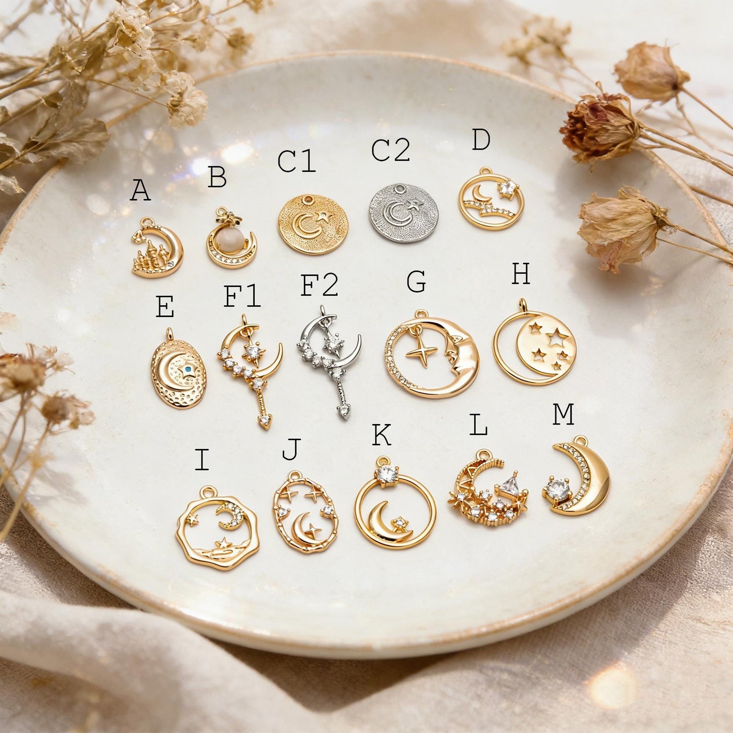 4pcs CZ pave Gold/ Silver Moon Star Charms, 18K Gold/ Rhodium plated Brass Moon Pendants (GB-2433)