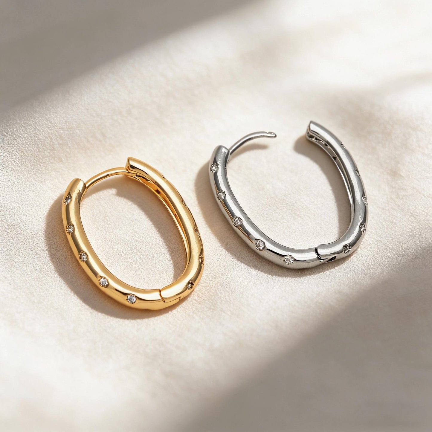 4pcs CZ Pave Gold/ Silver Oval Hoop Earrings, 18K Real Gold/ Rhodium plated Brass, Dainty Geometric Earring Hoops (GB-4692)