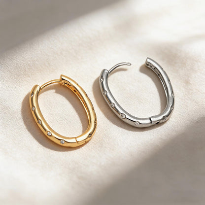 4pcs CZ Pave Gold/ Silver Oval Hoop Earrings, 18K Real Gold/ Rhodium plated Brass, Dainty Geometric Earring Hoops (GB-4692)