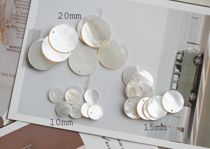 10pcs White Mother of Pearl Coin Charms, Round Disc MOP Shell Pendants 10/ 15/ 20mm (BK-003-A)