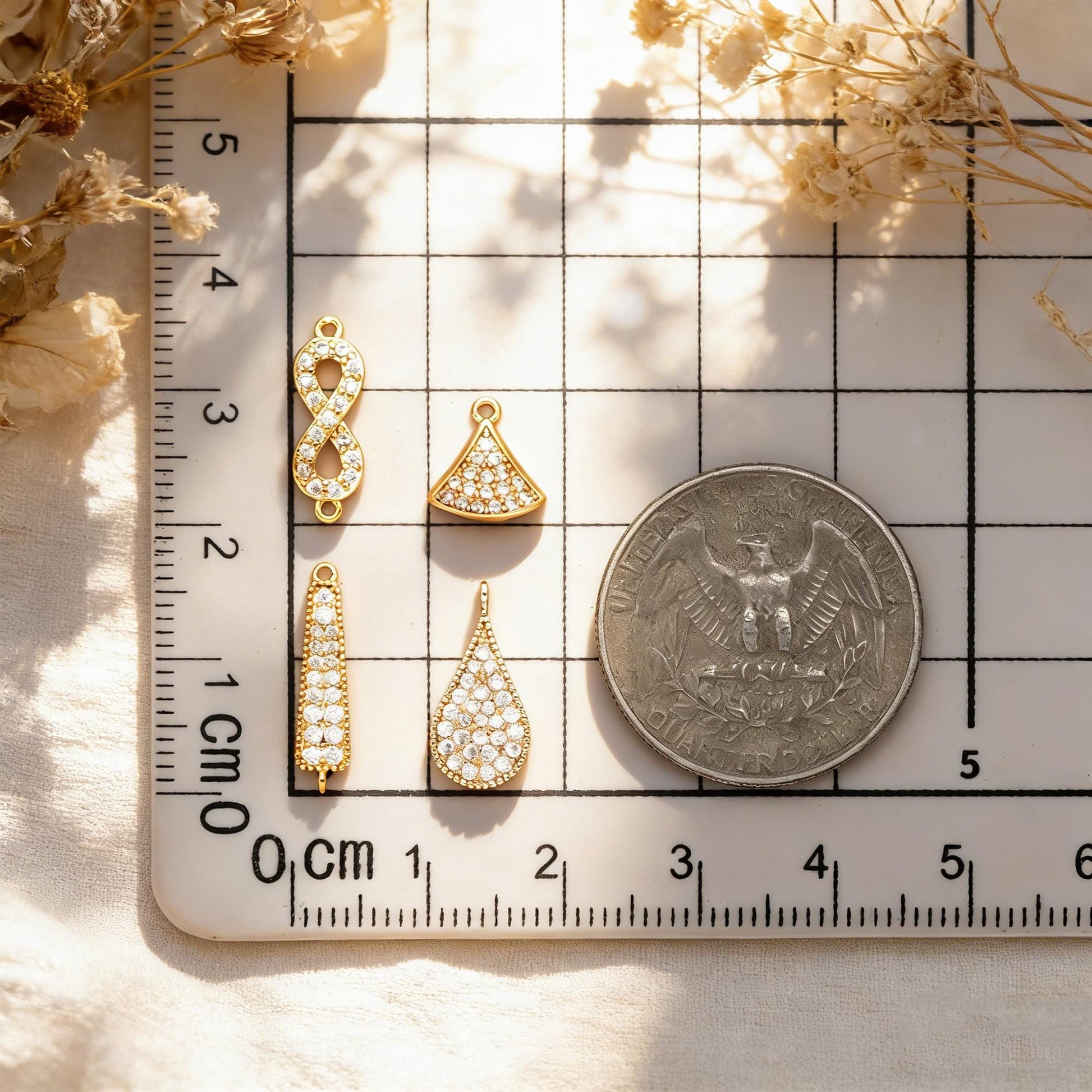 4pcs CZ pave Gold Geometric Connectors , Gold plated Brass Links with 2 Loops, CZ Rhinestone Pave Charm Pendants (GB-160)