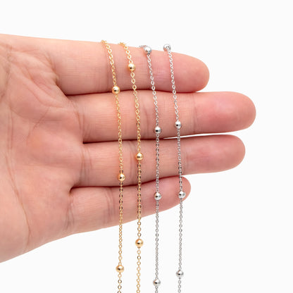 Silver tone Satellite Chains, 1.2mm Chain with 3mm Round Beads, Rhodium plated Brass Beaded Cable Chain (#LK-225-2)/ 1 Meter=3.3 ft