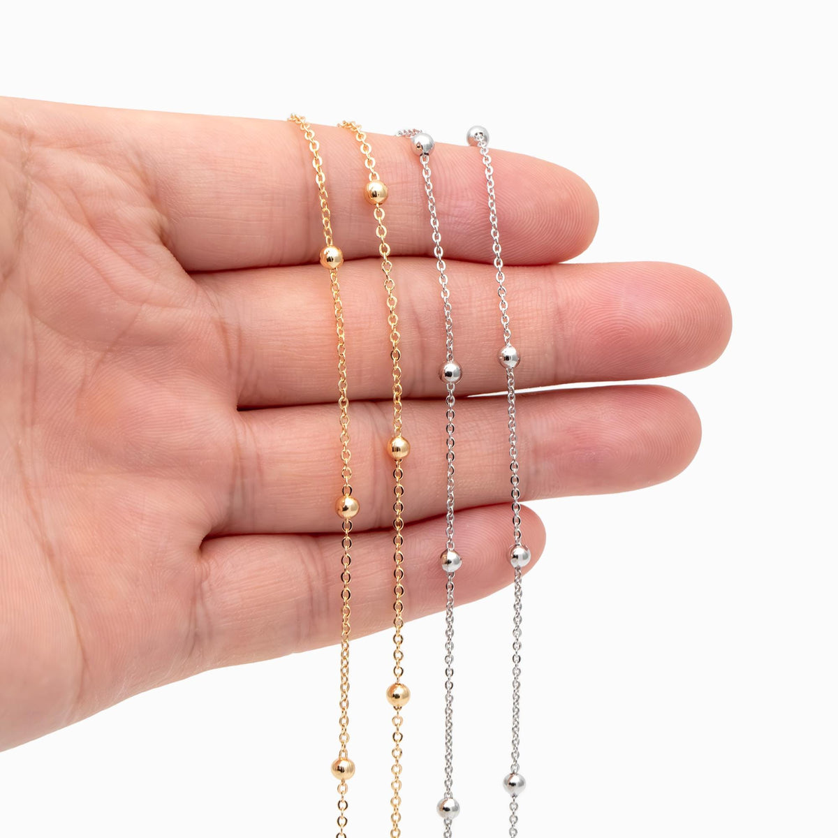 Silver tone Satellite Chains, 1.2mm Chain with 3mm Round Beads, Rhodium plated Brass Beaded Cable Chain (#LK-225-2)/ 1 Meter=3.3 ft