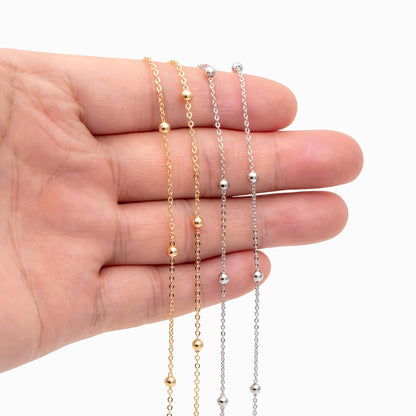 Silver tone Satellite Chains, 1.2mm Chain with 3mm Round Beads, Rhodium plated Brass Beaded Cable Chain (#LK-225-2)/ 1 Meter=3.3 ft