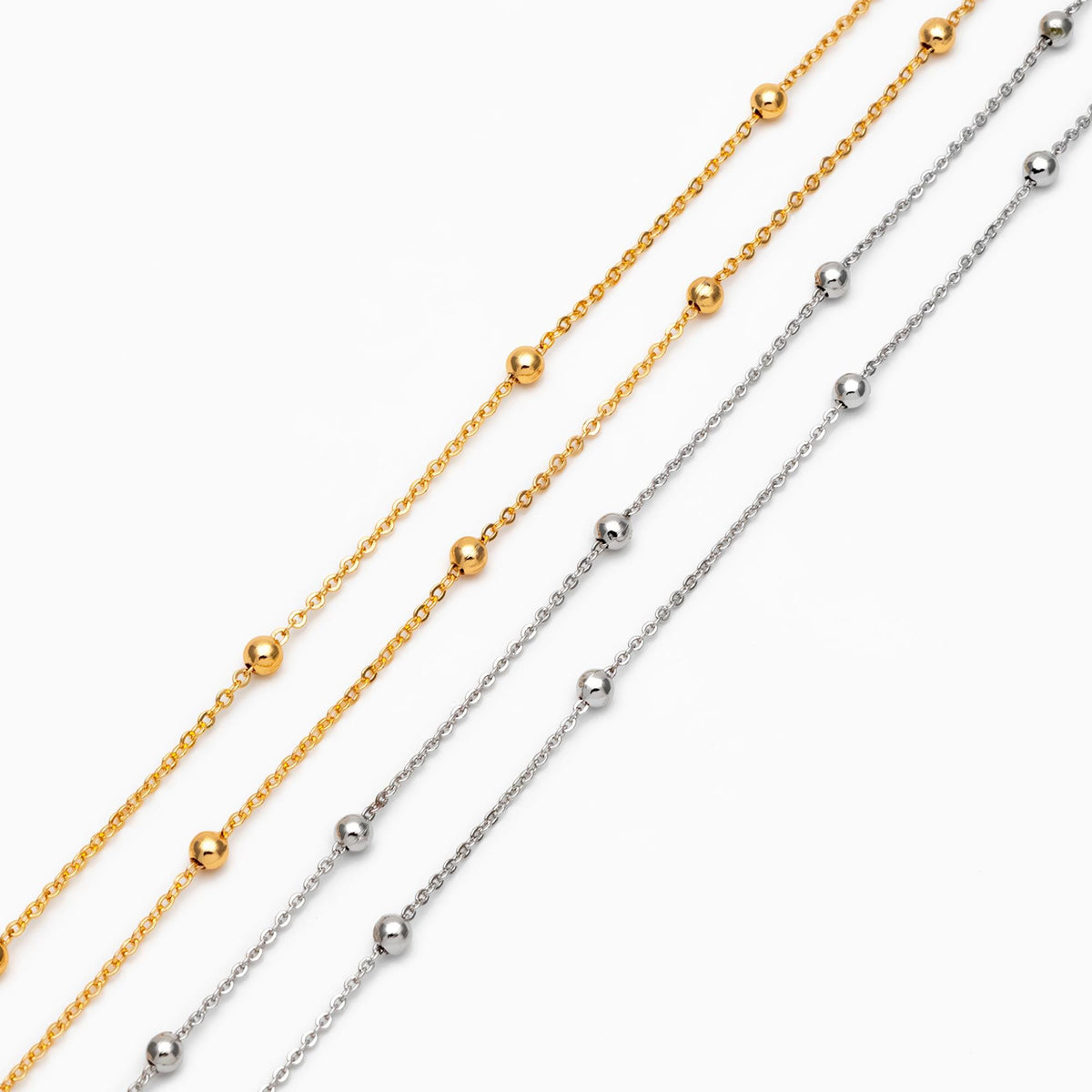 Silver tone Satellite Chains, 1.2mm Chain with 3mm Round Beads, Rhodium plated Brass Beaded Cable Chain (#LK-225-2)/ 1 Meter=3.3 ft