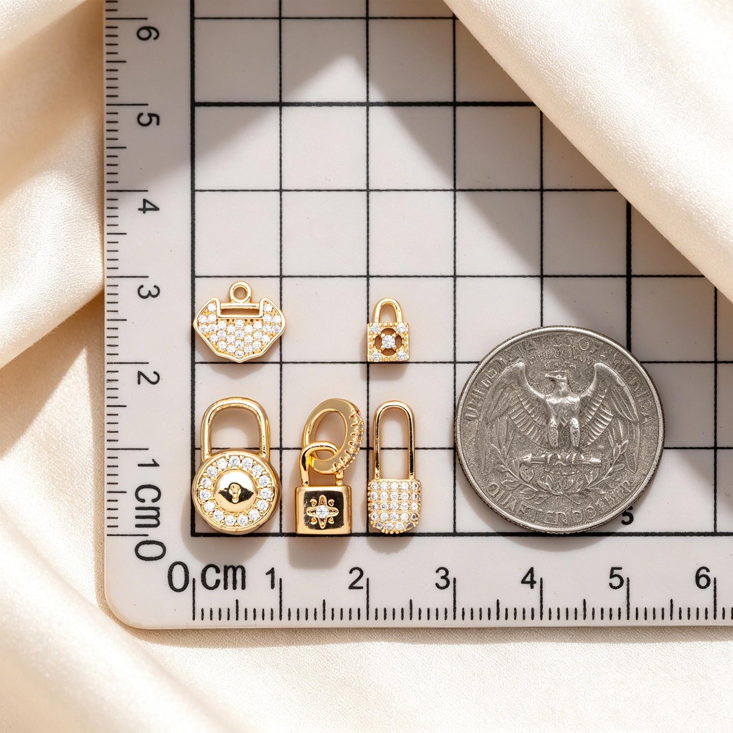 4pcs CZ Pave Gold/ Silver Tone Lock Charms, Real Gold/ Rhodium plated Brass, Mini Lock Pendants (GB-751)