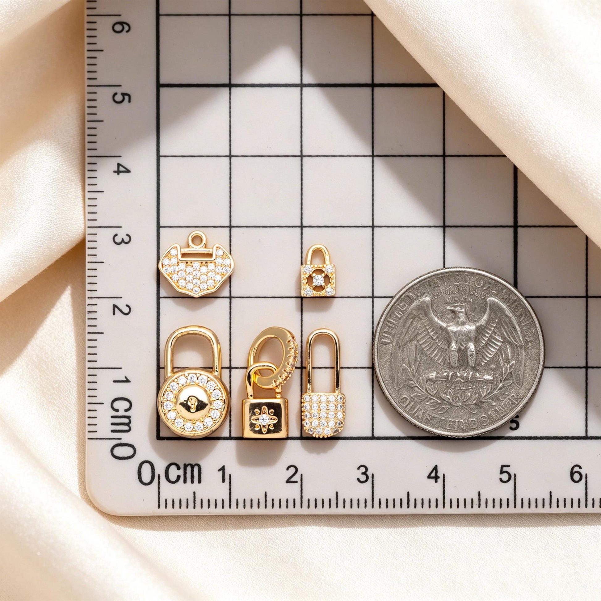 4pcs CZ Pave Gold/ Silver Tone Lock Charms, Real Gold/ Rhodium plated Brass, Mini Lock Pendants (GB-751)