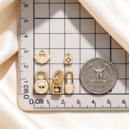 4pcs CZ Pave Gold/ Silver Tone Lock Charms, Real Gold/ Rhodium plated Brass, Mini Lock Pendants (GB-751)
