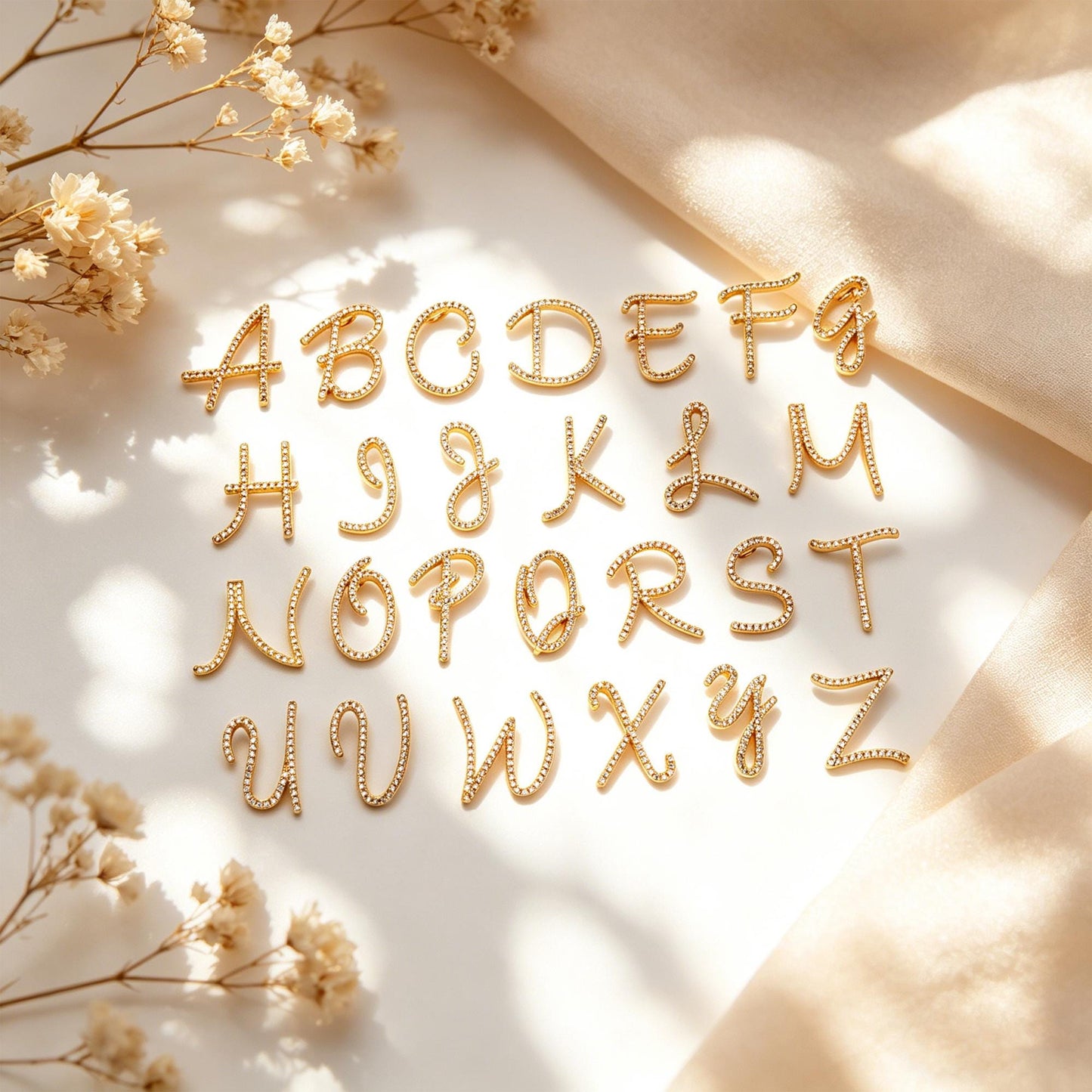 CZ Pave Gold Alphabet Pendants, 18K Gold plated Brass, Personalized Initial Charms, English Letter in Cursive, You Choose Letter (GB-1140)