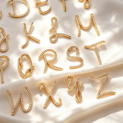 CZ Pave Gold Alphabet Pendants, 18K Gold plated Brass, Personalized Initial Charms, English Letter in Cursive, You Choose Letter (GB-1140)