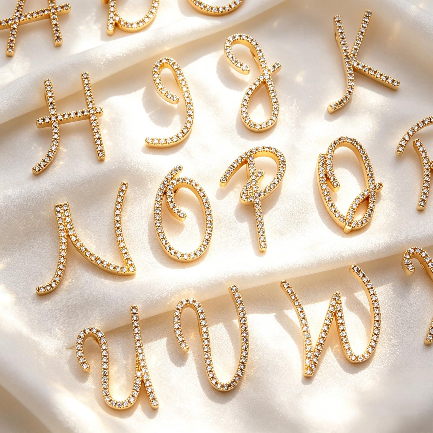 CZ Pave Gold Alphabet Pendants, 18K Gold plated Brass, Personalized Initial Charms, English Letter in Cursive, You Choose Letter (GB-1140)