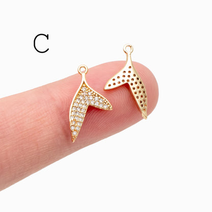 4pcs Gold Whale Tail Charms , Real Gold plated Brass, Mermaid Tail Pendants (GB-1156)