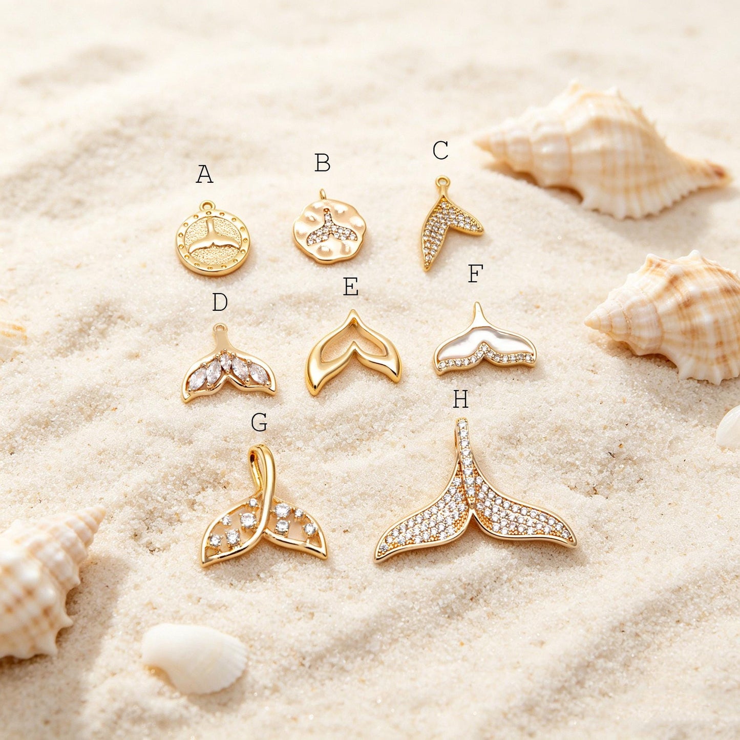 4pcs Gold Whale Tail Charms , Real Gold plated Brass, Mermaid Tail Pendants (GB-1156)