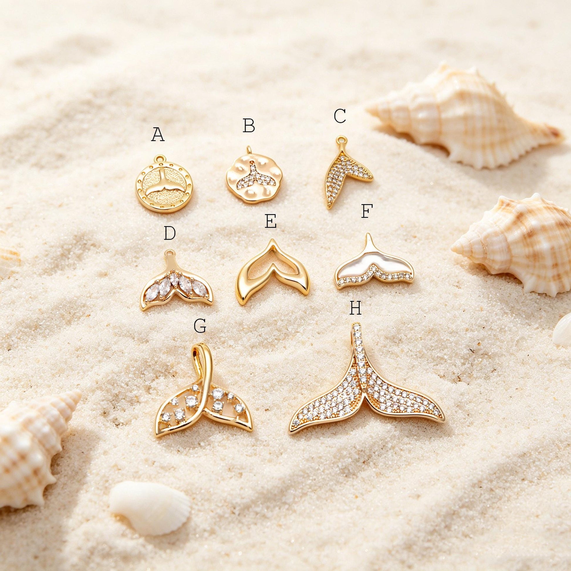 4pcs Gold Whale Tail Charms , Real Gold plated Brass, Mermaid Tail Pendants (GB-1156)