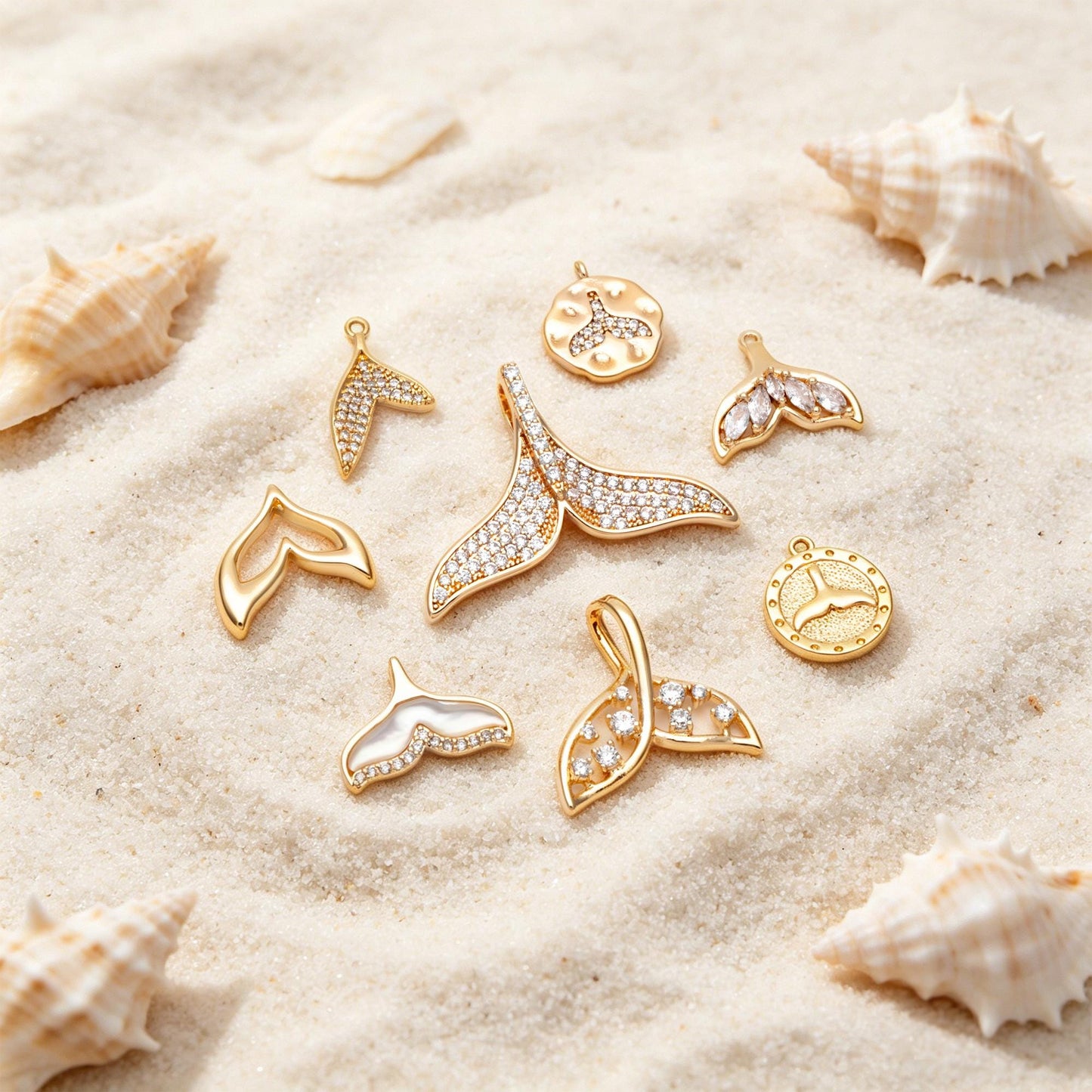4pcs Gold Whale Tail Charms , Real Gold plated Brass, Mermaid Tail Pendants (GB-1156)