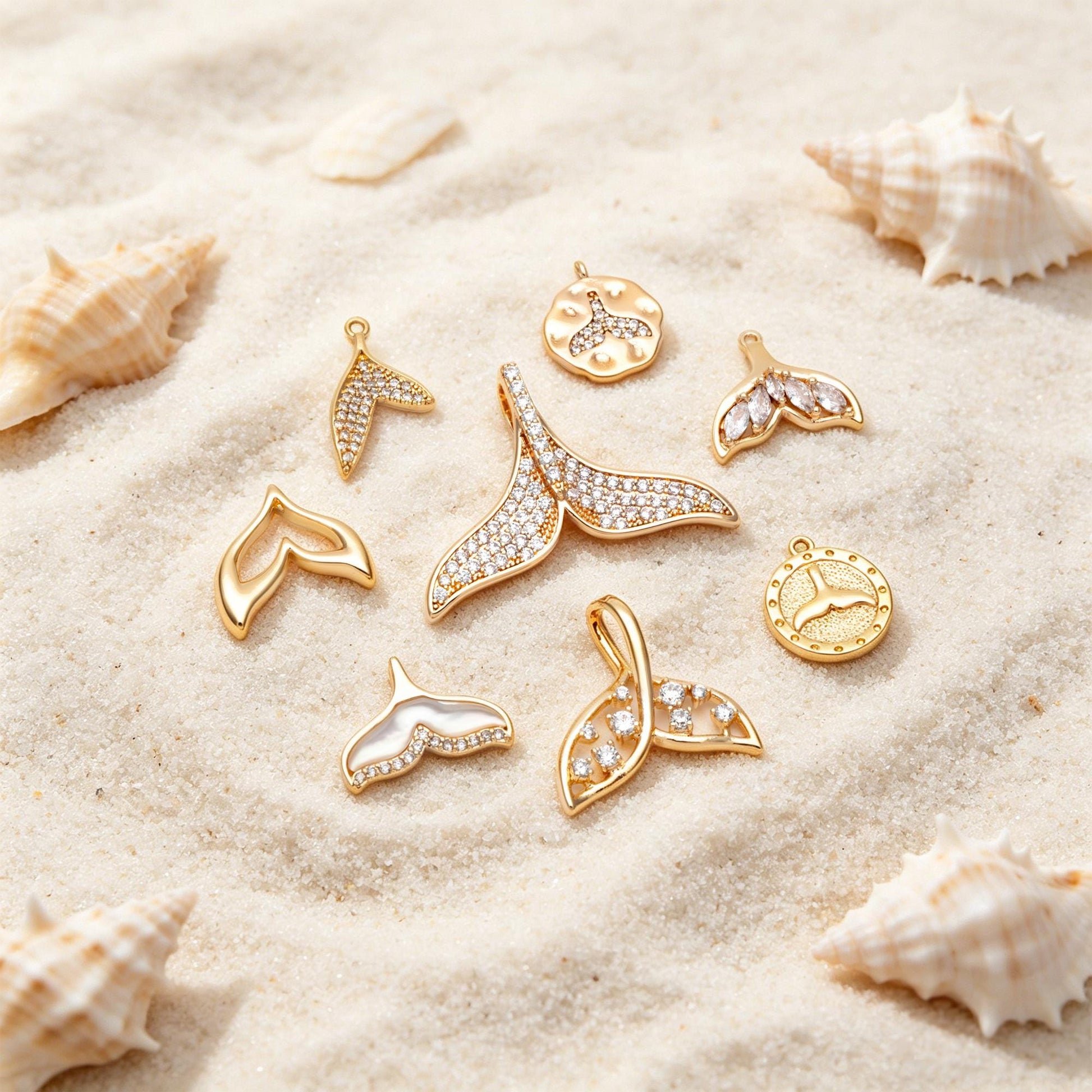 4pcs Gold Whale Tail Charms , Real Gold plated Brass, Mermaid Tail Pendants (GB-1156)