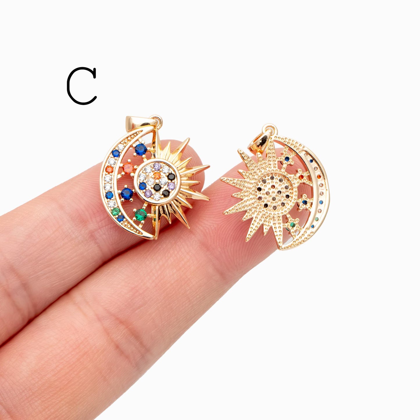 4pcs Gold Sun Moon Star Charms, 18K Gold plated Brass, CZ Pave Celetial Pendants (GB-2991)