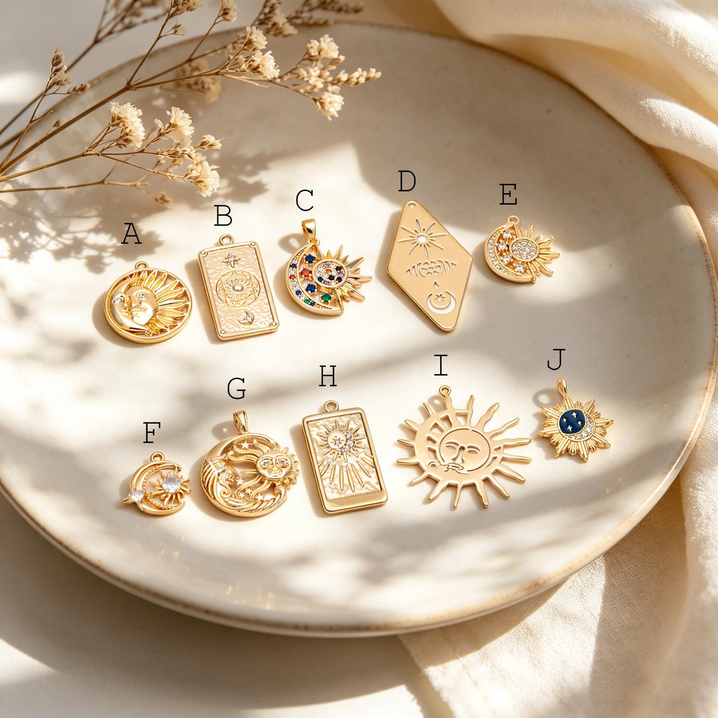 4pcs Gold Sun Moon Star Charms, 18K Gold plated Brass, CZ Pave Celetial Pendants (GB-2991)