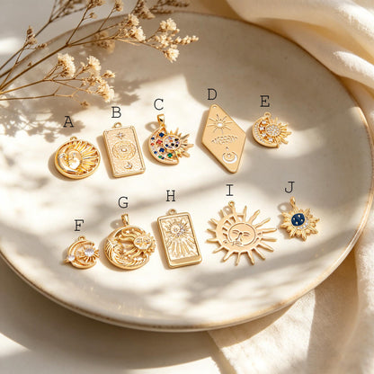 4pcs Gold Sun Moon Star Charms, 18K Gold plated Brass, CZ Pave Celetial Pendants (GB-2991)