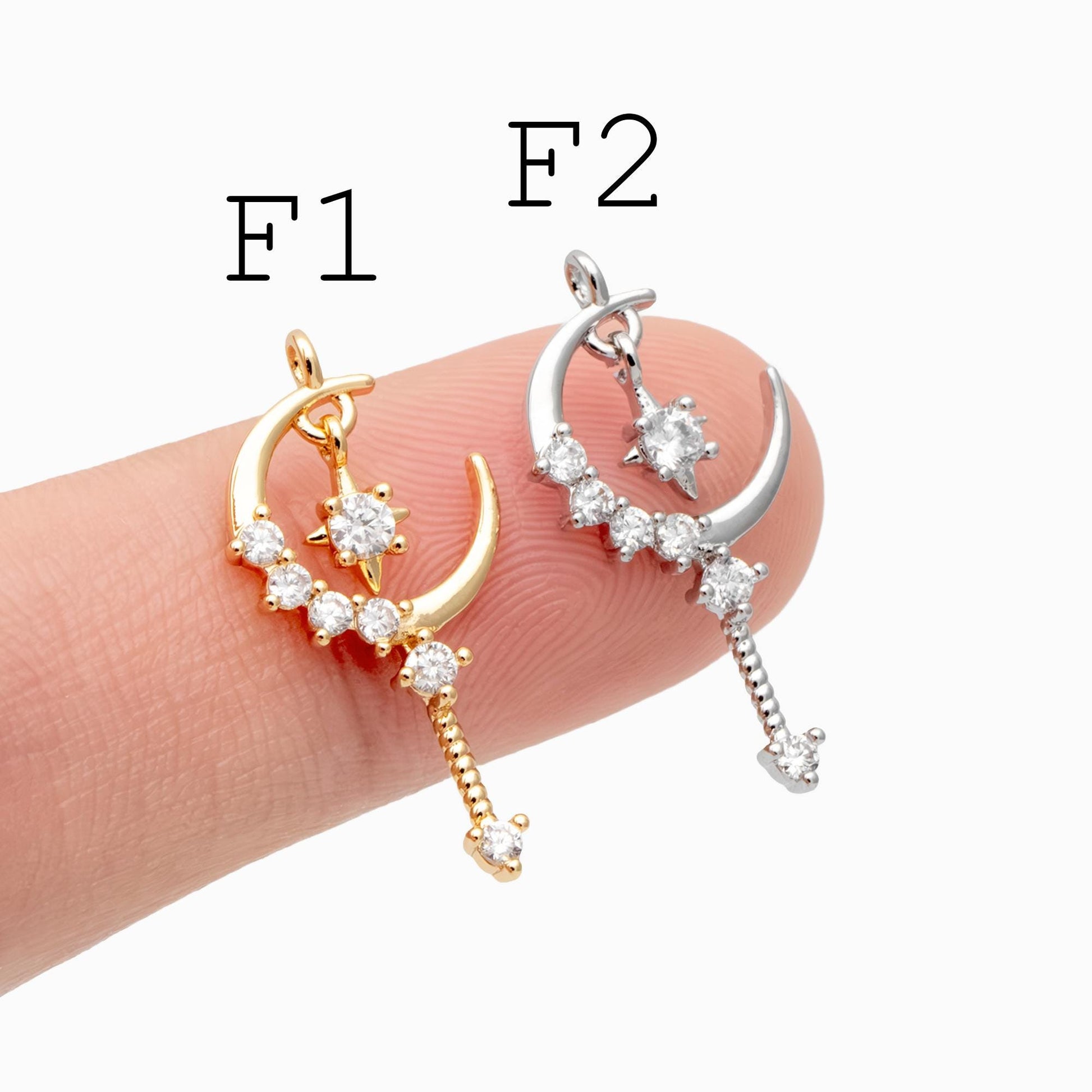 4pcs CZ pave Gold/ Silver Moon Star Charms, 18K Gold/ Rhodium plated Brass Moon Pendants (GB-2433)