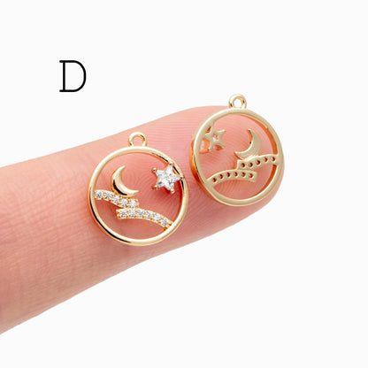 4pcs CZ pave Gold/ Silver Moon Star Charms, 18K Gold/ Rhodium plated Brass Moon Pendants (GB-2433)