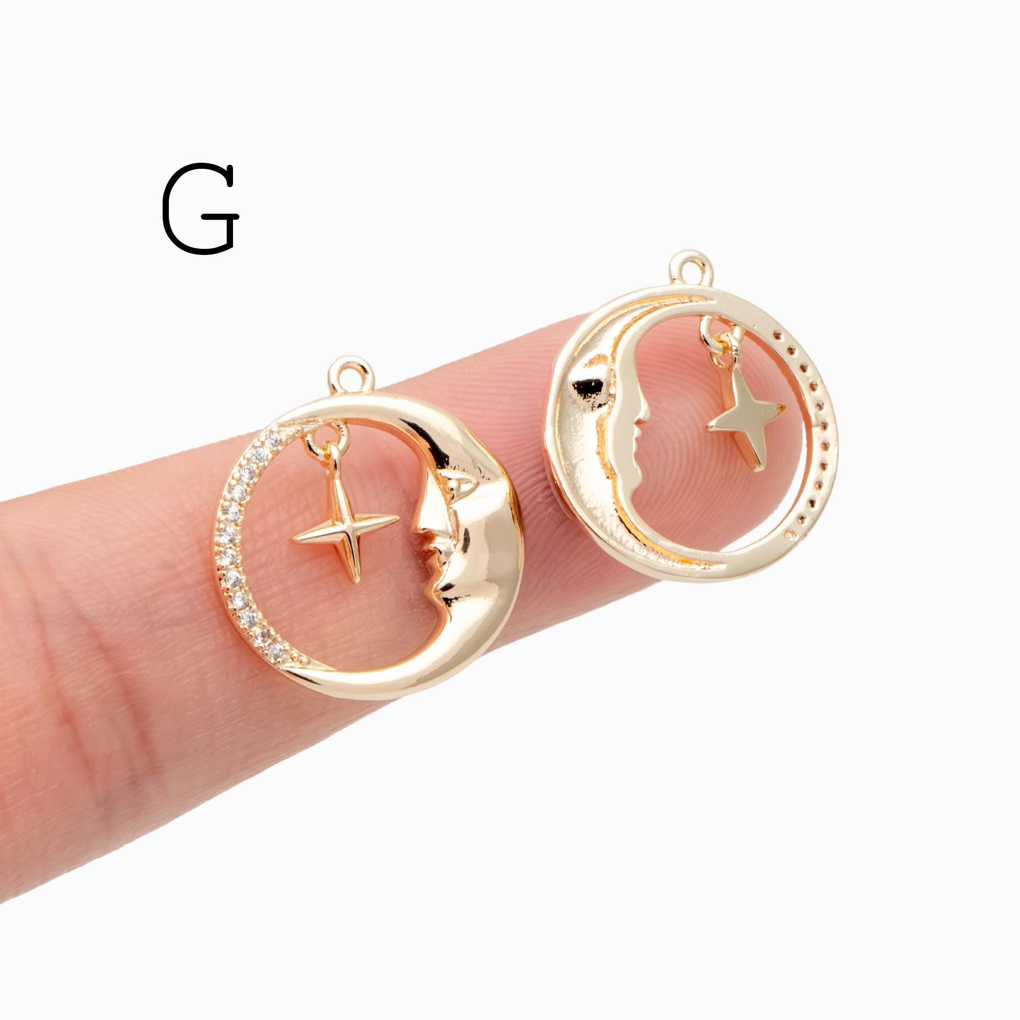 4pcs CZ pave Gold/ Silver Moon Star Charms, 18K Gold/ Rhodium plated Brass Moon Pendants (GB-2433)