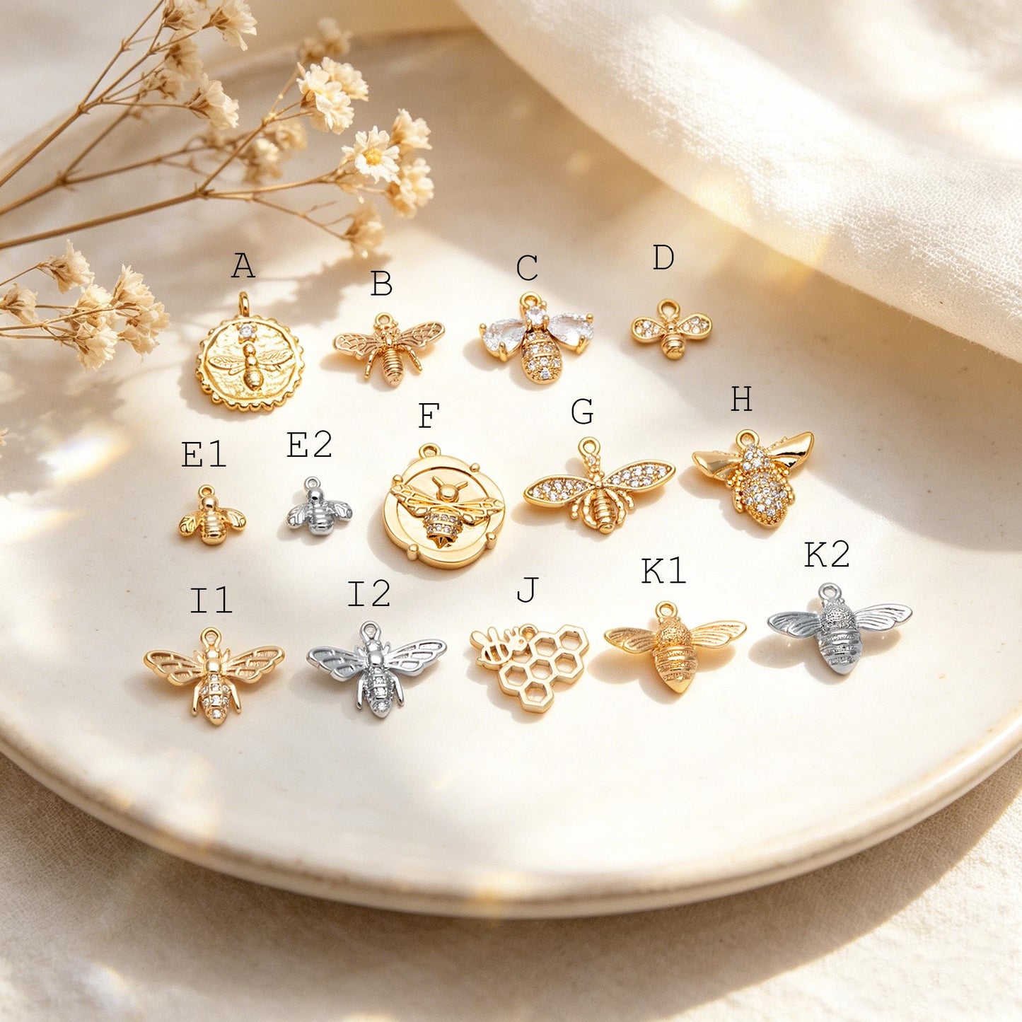 10pcs Gold/ Silver Bee Charm Jewelry Making, Insect Theme Supplies (GB-3093)