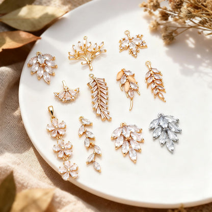 4pcs CZ pave Gold/ Silver Tone Leaf Charms, Leaf Pendants, Earring Findings, Jewelry Making, Jewelry Supplies (GB-3037)