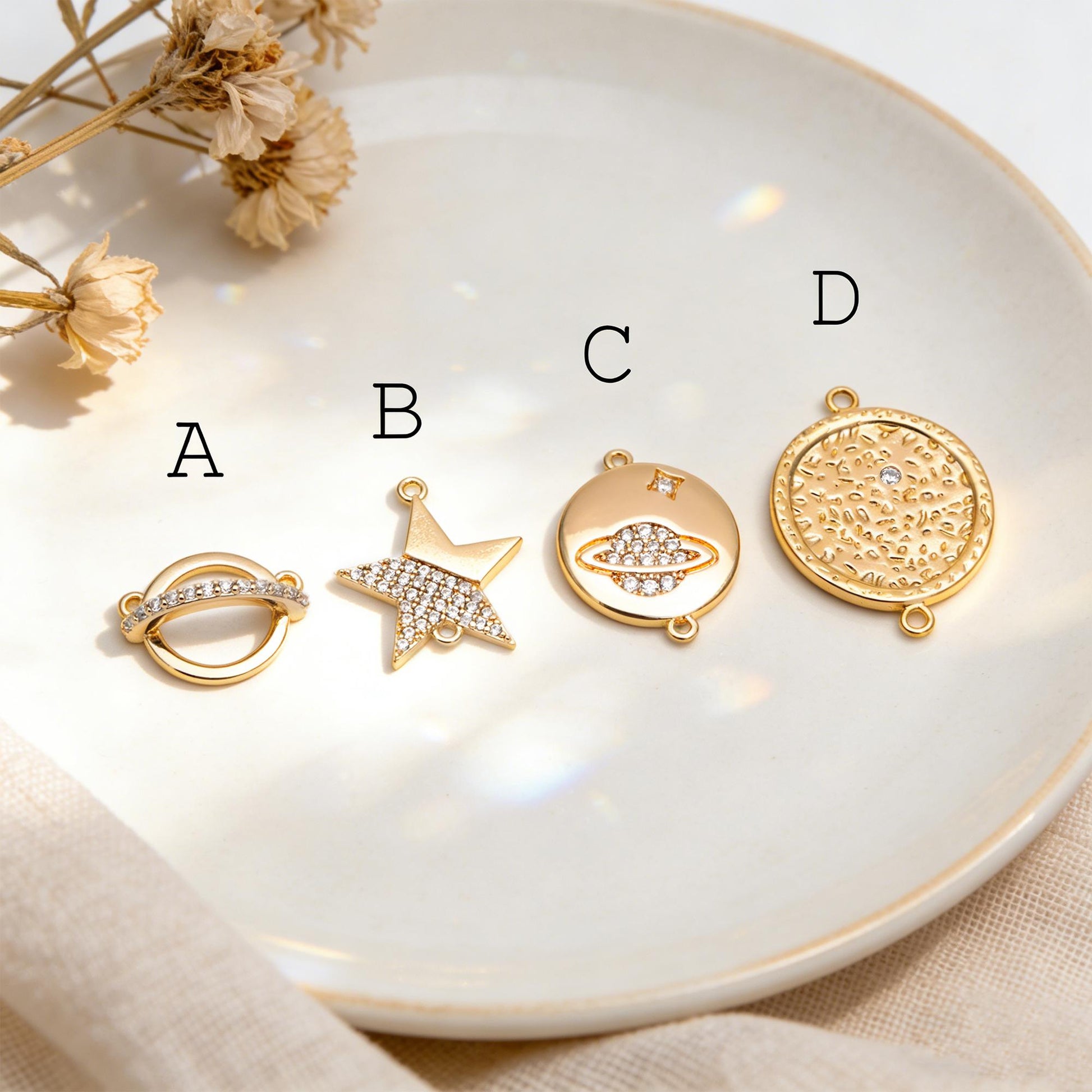 4 pieces CZ pave Gold Saturn Star and Moon Charm Connectors (GB-1221)