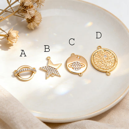 4 pieces CZ pave Gold Saturn Star and Moon Charm Connectors (GB-1221)