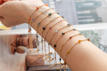 Natural Gemstone faux Pearl Chain Bracelet Necklace Anklet, Gold Beaded Jewelry, Minimalist Layering Chain, Jewelry Supplies (#LK-625)