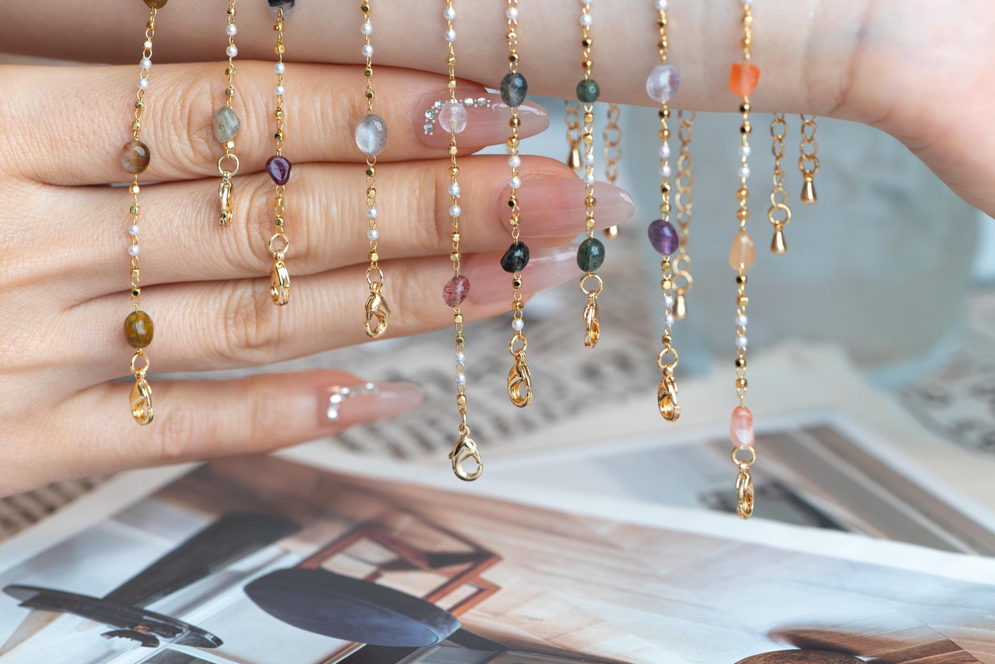 Natural Gemstone faux Pearl Chain Bracelet Necklace Anklet, Gold Beaded Jewelry, Minimalist Layering Chain, Jewelry Supplies (#LK-625)