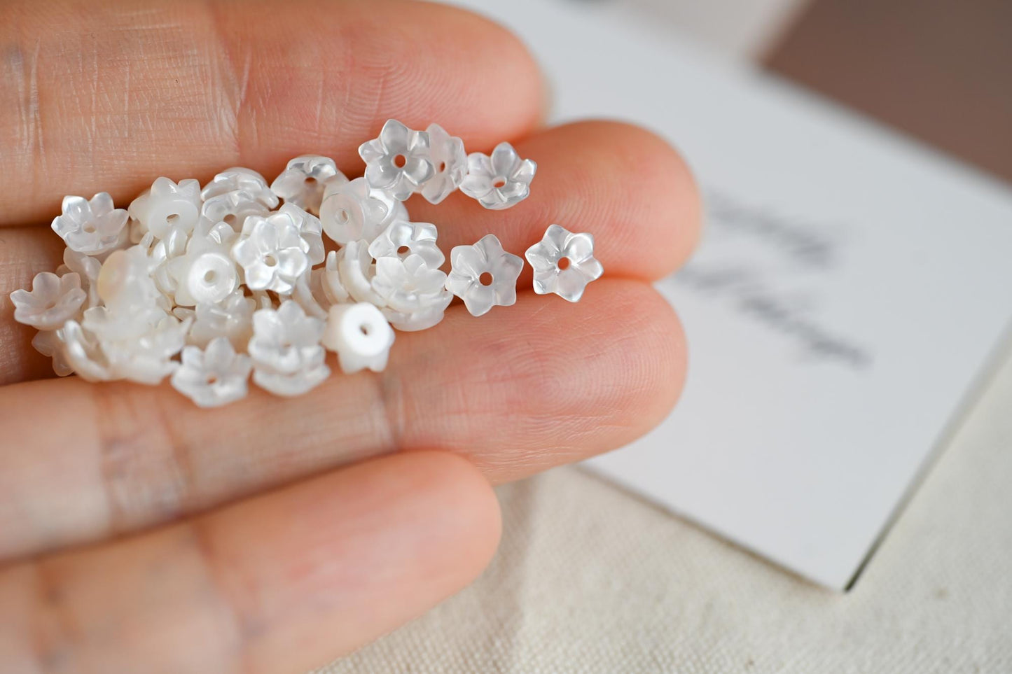 10pcs Mini Shell Flower Beads 6mm, Mother of Pearl Tiny Floral Cabochons, Bridal DIY Accessories Bulk (BK-002)