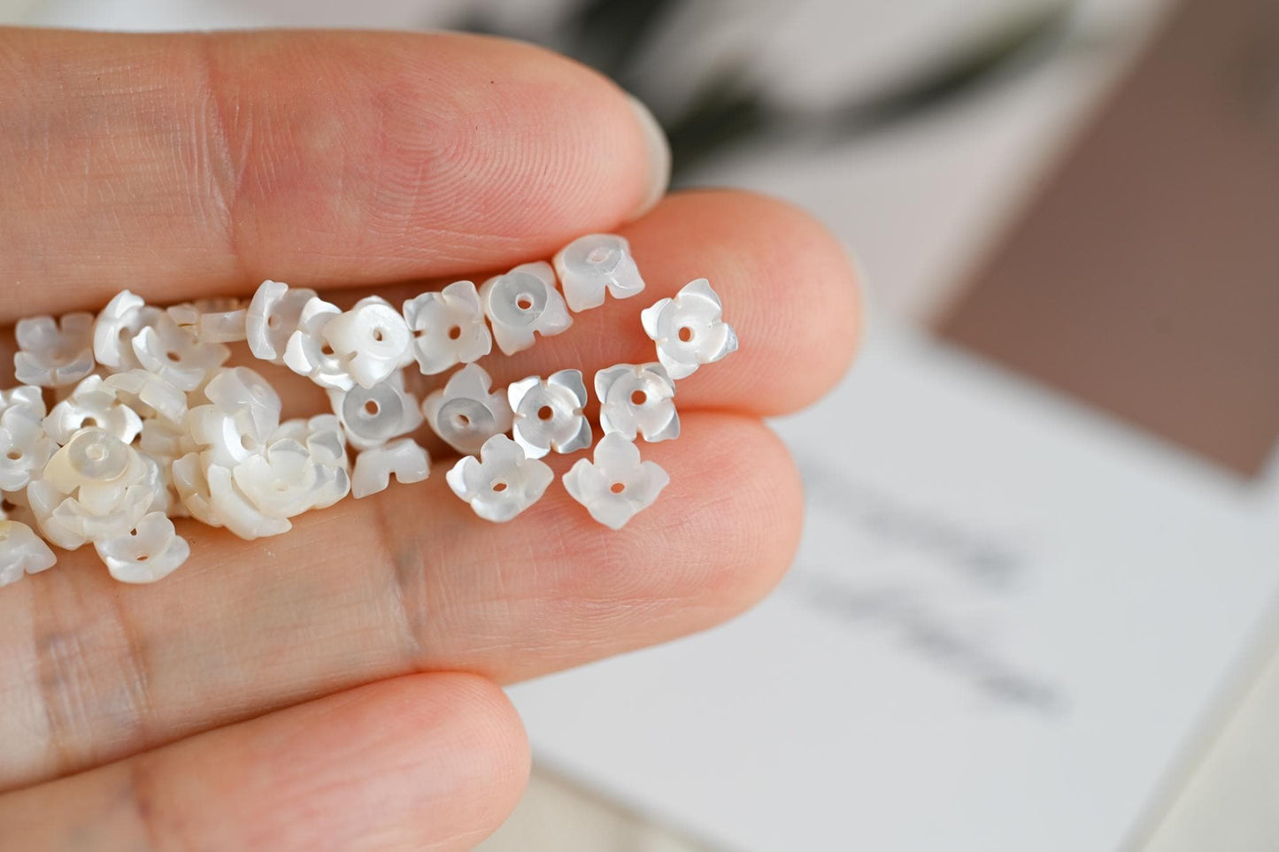 10pcs Mini Shell Flower Beads 6mm, Mother of Pearl Tiny Floral Cabochons, Bridal DIY Accessories Bulk (BK-002)