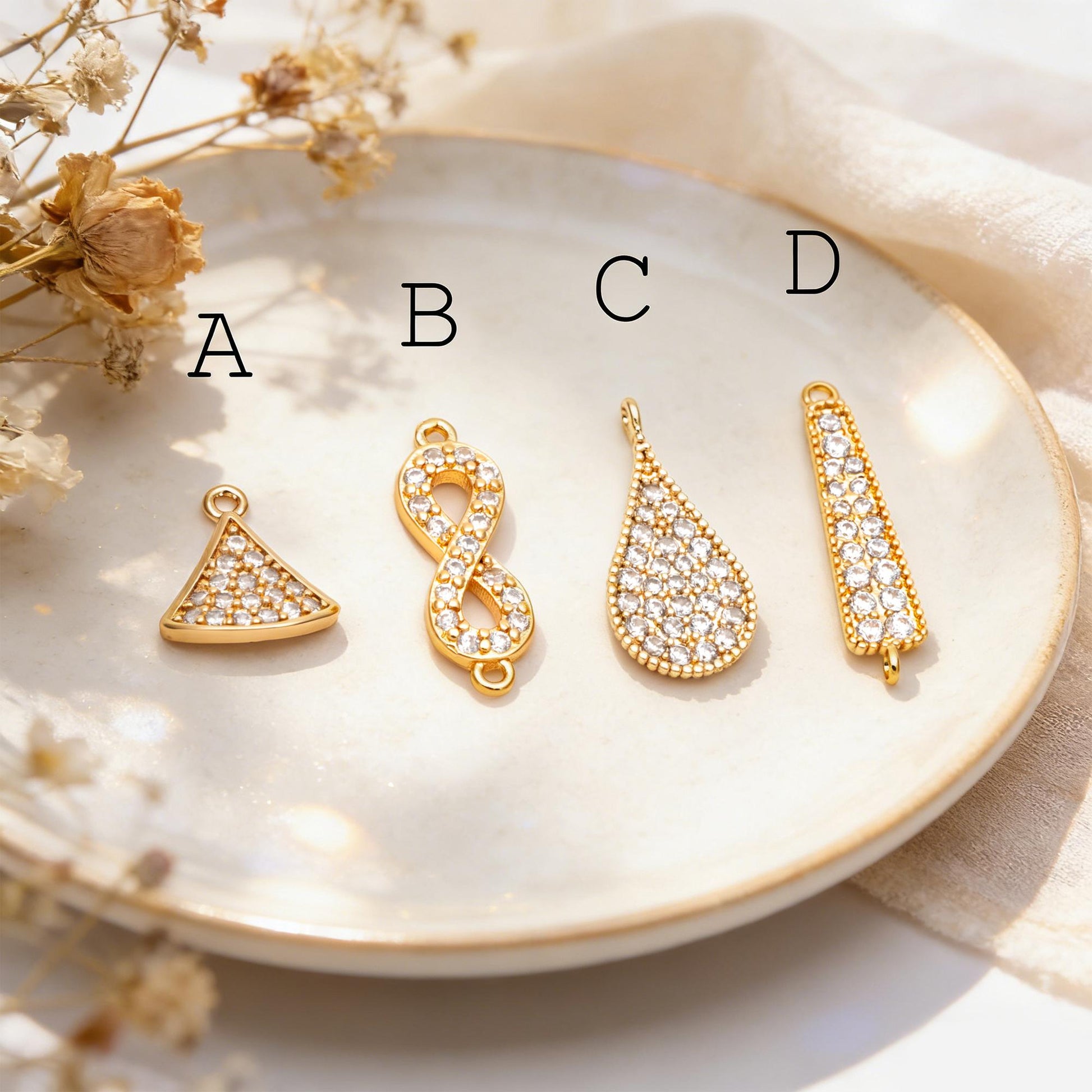 4pcs CZ pave Gold Geometric Connectors , Gold plated Brass Links with 2 Loops, CZ Rhinestone Pave Charm Pendants (GB-160)