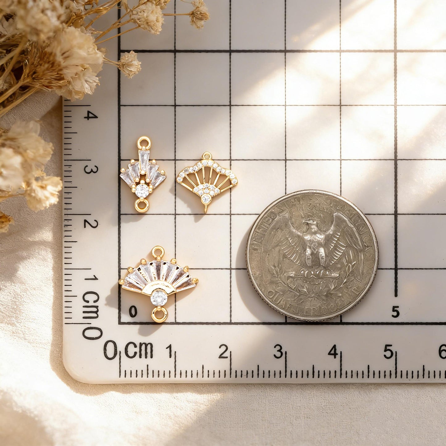 4pcs CZ Pave Gold Fan Shaped Connectors , Earring Findings, Jewelry Making, Diy Material, Jewelry Supplies (GB-2005)