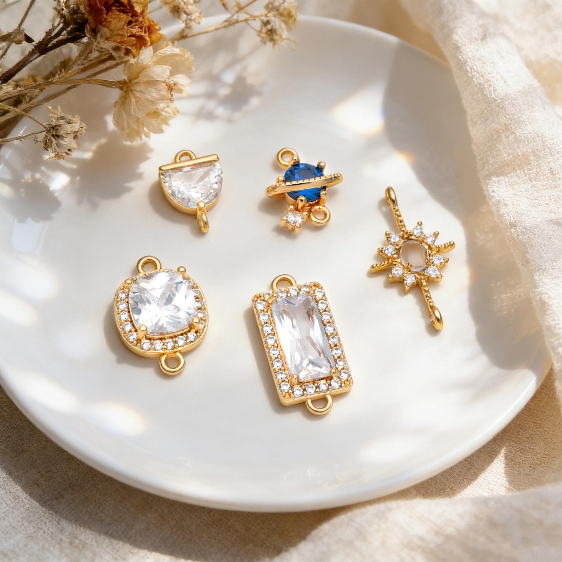 4pcs CZ pave Gold Geometric Charms, 18K Gold/ Rhodium plated Brass Geometric Connectors (GB-3231)