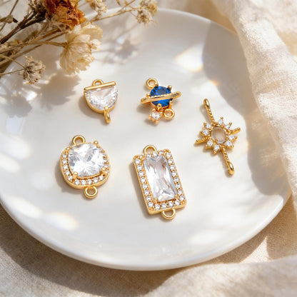 4pcs CZ pave Gold Geometric Charms, 18K Gold/ Rhodium plated Brass Geometric Connectors (GB-3231)
