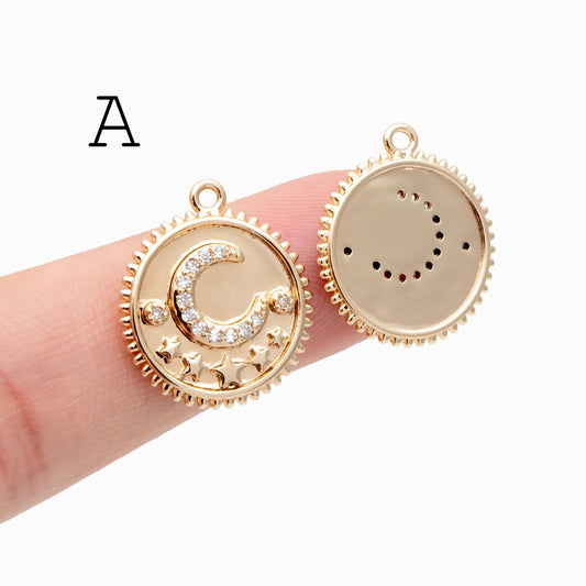 4pcs Gold/ Silver Tone Moon and Star Charm, 18K Gold/ Rhodium plated Brass, Celestial Charm Pendants (GB-2394)