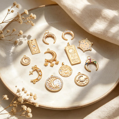 4pcs Gold/ Silver Tone Moon and Star Charm, 18K Gold/ Rhodium plated Brass, Celestial Charm Pendants (GB-2394)