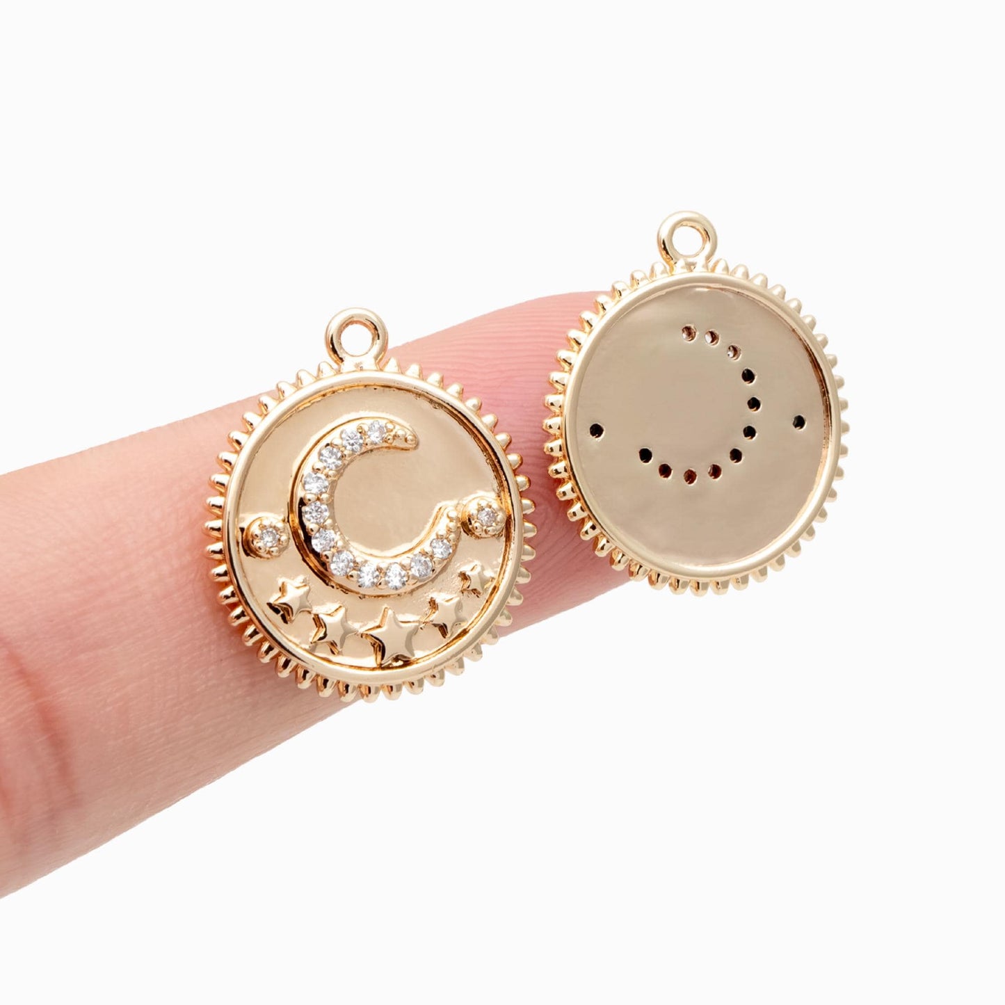 4pcs CZ Pave Gold Round Moon Star Charms, 18K Gold plated Brass, Disk Pendants (GB-2394-A)