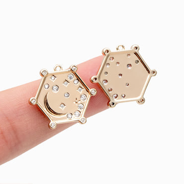4pcs CZ pave Gold Hexagon Charm, Real Gold plated Brass, Moon And Star Pendant (GB-2394-J)
