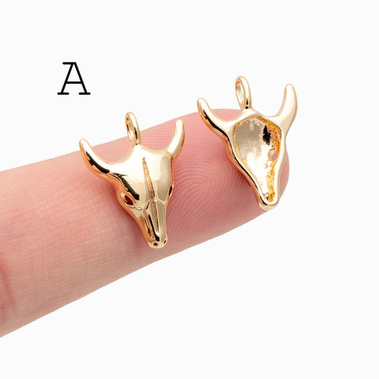 4pcs Gold/ Silver Tone OX Head Skull Charm, Ox Horn Charm, Real Gold/ Rhodium plated Brass, Buffalo Head Pendant (GB-3616)