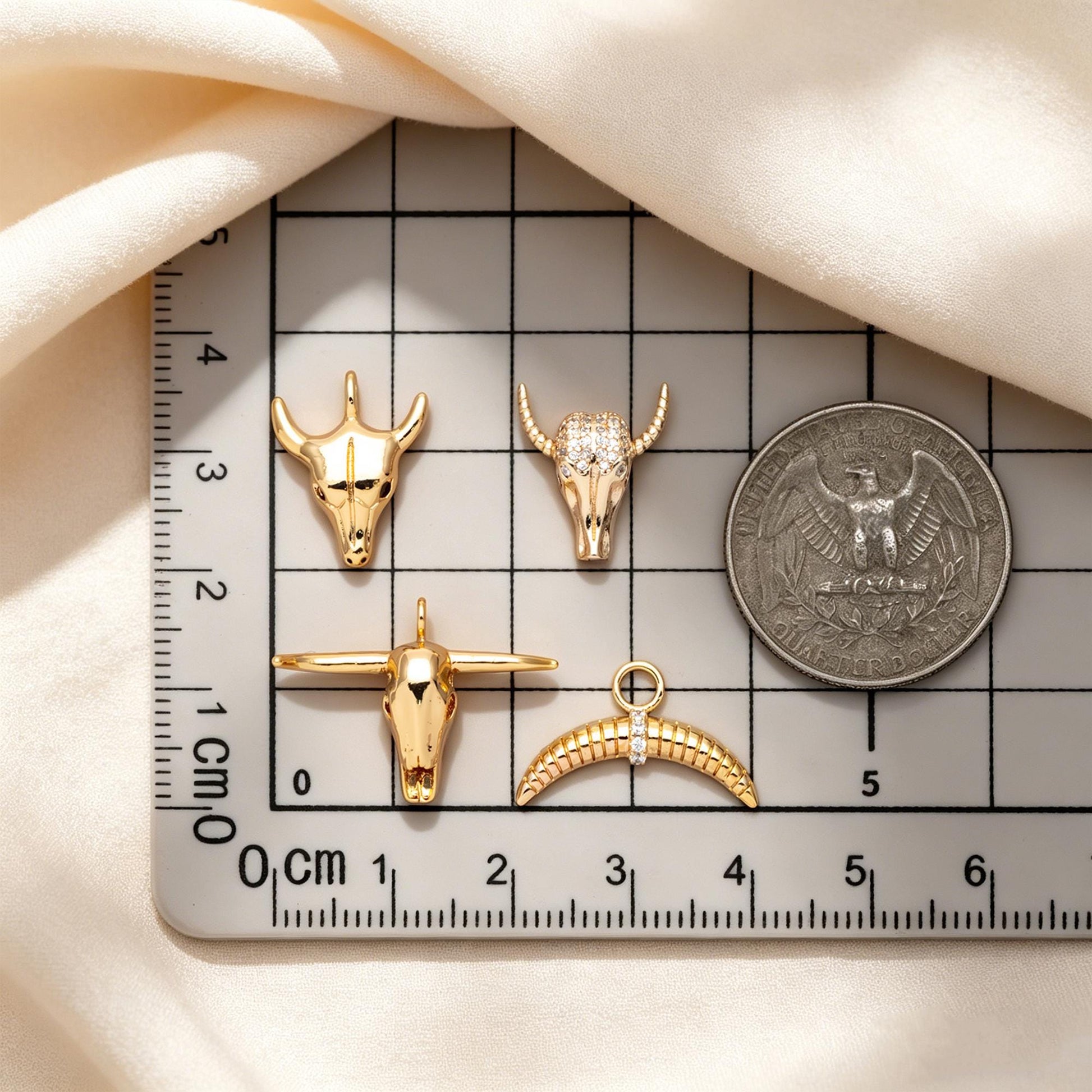 4pcs Gold/ Silver Tone OX Head Skull Charm, Ox Horn Charm, Real Gold/ Rhodium plated Brass, Buffalo Head Pendant (GB-3616)
