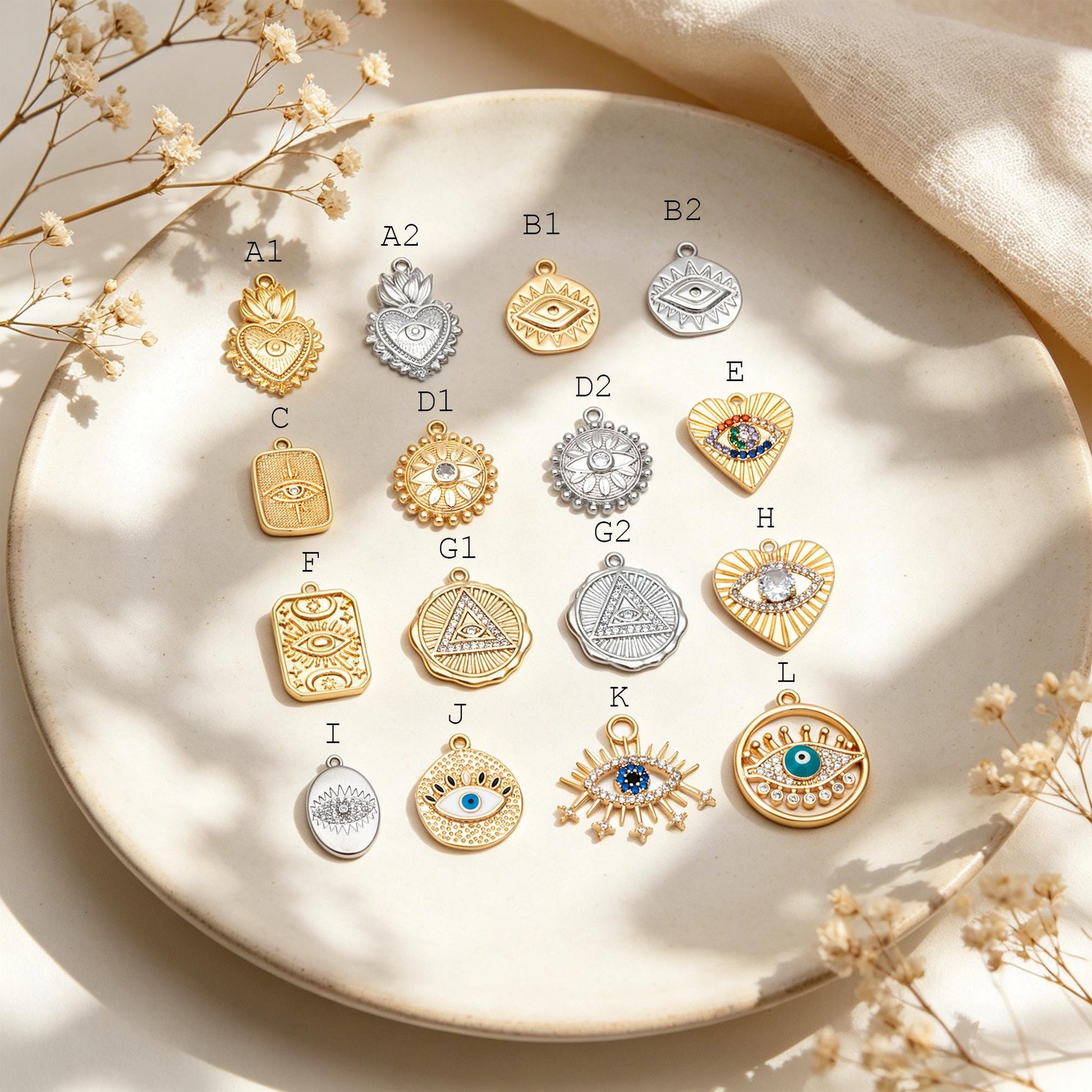 4pcs Gold/ Silver Tone Evil Eye Charms, 18K Gold/ Rhodium plated Brass, Dainty Earring Charms (GB-4085)