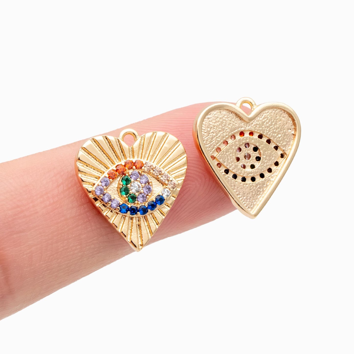 4pcs CZ pave Colourful Gold Heart Evil Eye Charm 15mm, Gold Plated Brass Heart Pendant (GB-4085-E)