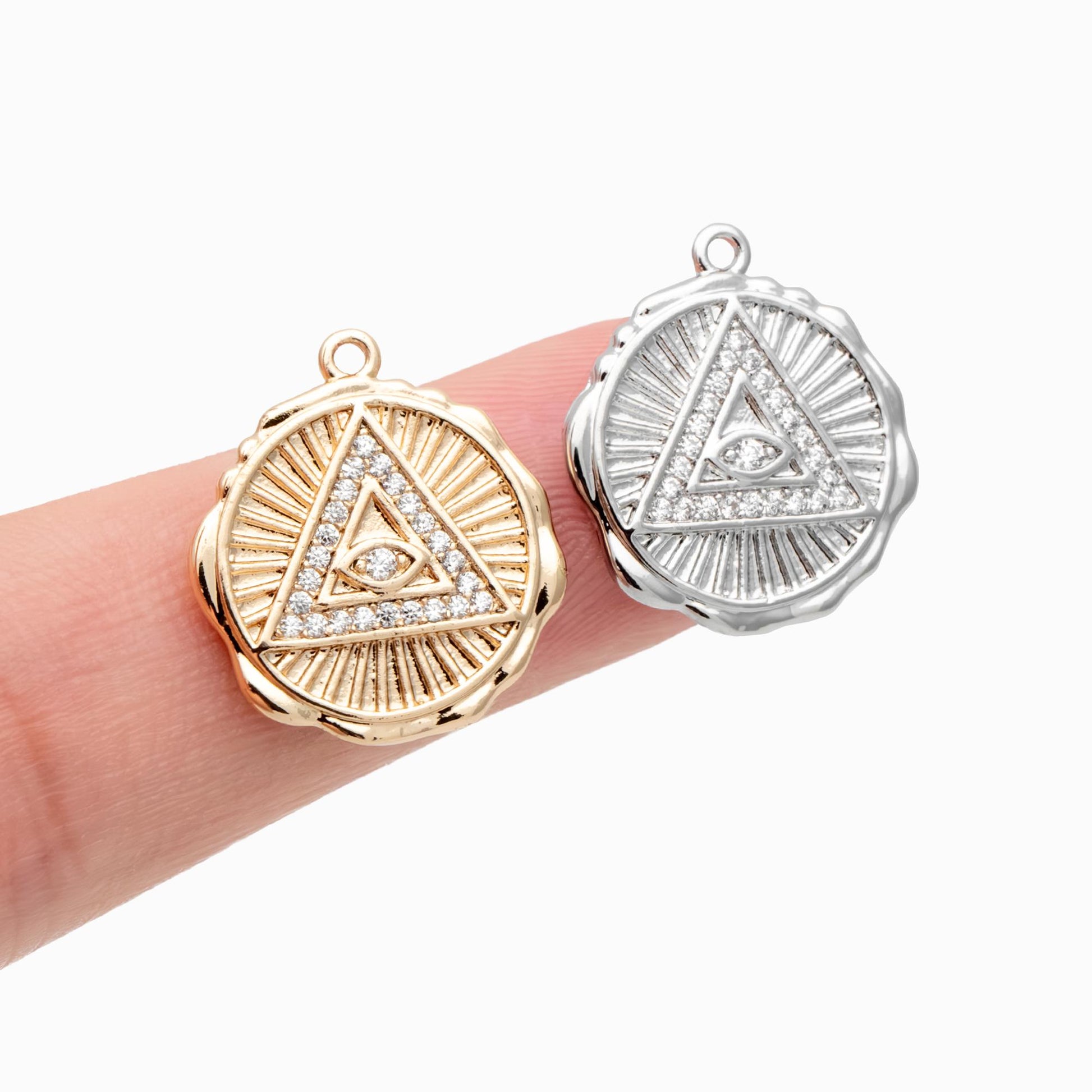 4pcs CZ Pave Gold/ Silver Tone Triangle Evil eye Charm 17mm, Real Gold plated Brass, Round Coin Disk Pendants (GB-4085-G)