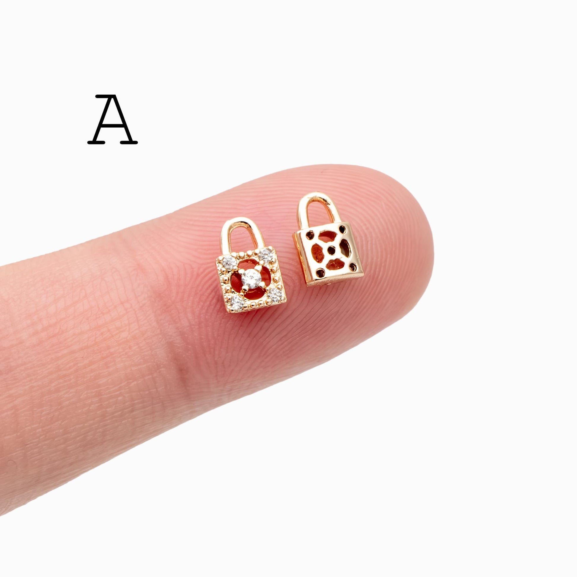 4pcs CZ Pave Gold/ Silver Tone Lock Charms, Real Gold/ Rhodium plated Brass, Mini Lock Pendants (GB-751)