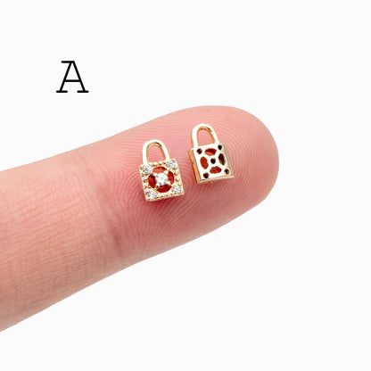 4pcs CZ Pave Gold/ Silver Tone Lock Charms, Real Gold/ Rhodium plated Brass, Mini Lock Pendants (GB-751)